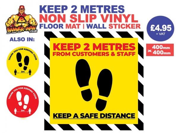 Keep 2 Metres Footprint  Floor Mat Sticker Yellow Warning Stripes